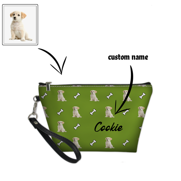 Imagen de Bolsa de cosméticos portátil con foto personalizada, bolsa de maquillaje con foto de mascota personalizada con elemento de hueso de perro, regalos personalizados para amantes de las mascotas