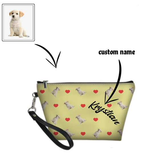 Picture of Custom Repeat Pet Photo And Red Heart Portable Cosmetic Bag Personalized Pet Photo Make Up Bag Personalized Name With Red Heart Element Custom Gifts For Pet Lovers