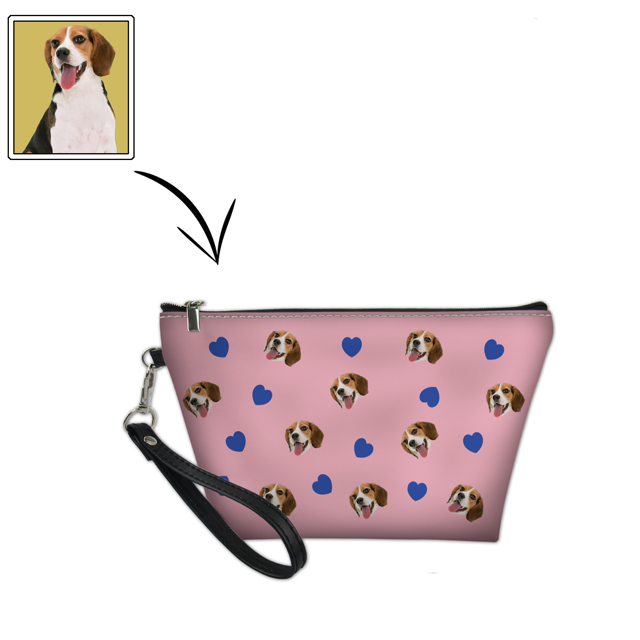 Picture of Custom Repeat Pet Photo And Repeat Heart Portable Cosmetic Bag Personalized Pet Photo Make Up Bag With Heart Element Custom Gifts For Pet Lovers