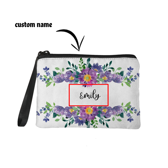 Imagen de Monedero portátil personalizado con flores moradas, monedero con nombre personalizado, regalos personalizados