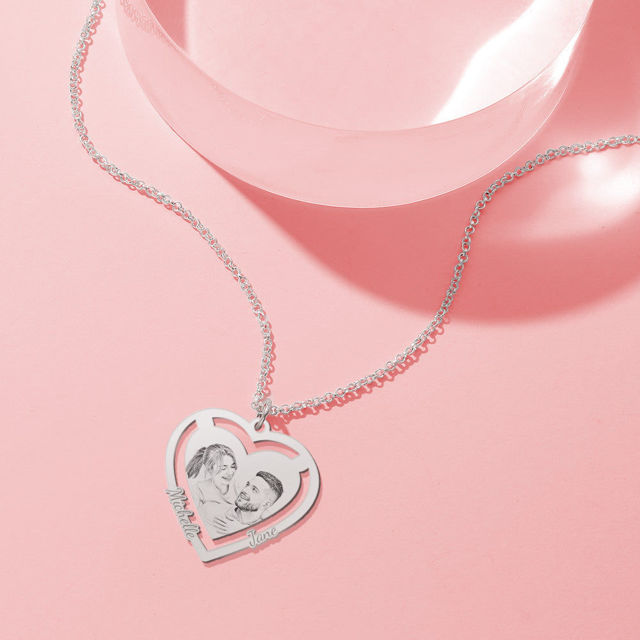 Picture of 925 Sterling Silver Personalized Heart Photo Engraved Tag Necklace