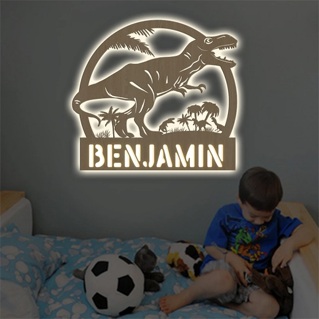 Picture of Personalized Night Light for Wall Decor - Custom Wooden Engraved Name Night Light - Dinosaur