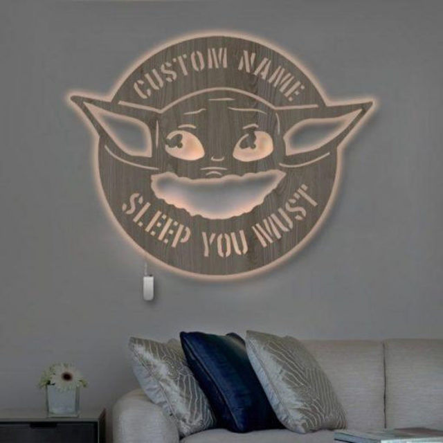 Picture of Personalized Night Light for Wall Decor - Custom Wooden Engraved Name Night Light - Baby Yoda