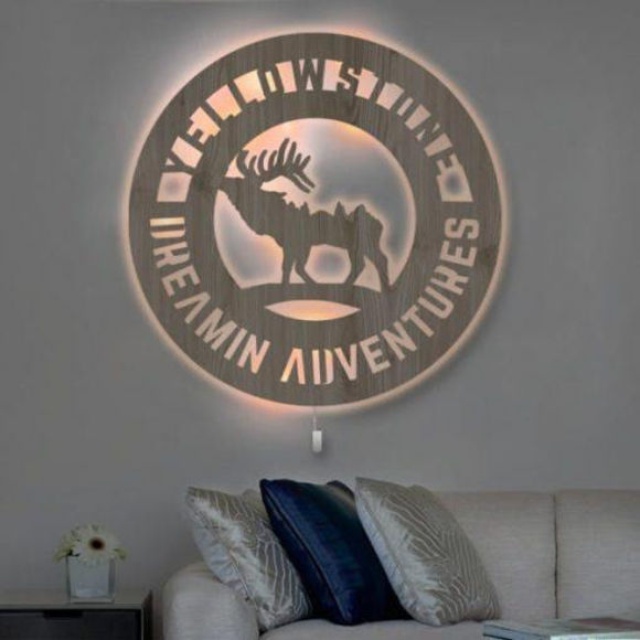 Imagen de Luz de noche personalizada para decoración de pared - Luz de noche de nombre grabado de madera personalizada - Parque Nacional de Yellowstone