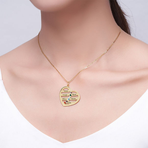 Imagen de Collar personalizado de miembro de la familia con corazón de amor y piedras de nacimiento en plata de ley 925