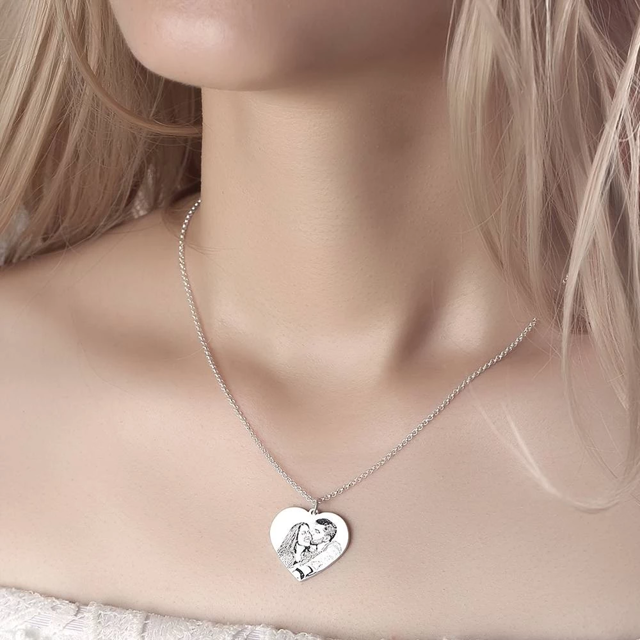Picture of Personalized Women's Heart Photo Engraved Tag Necklace in 925 Sterling Silver
