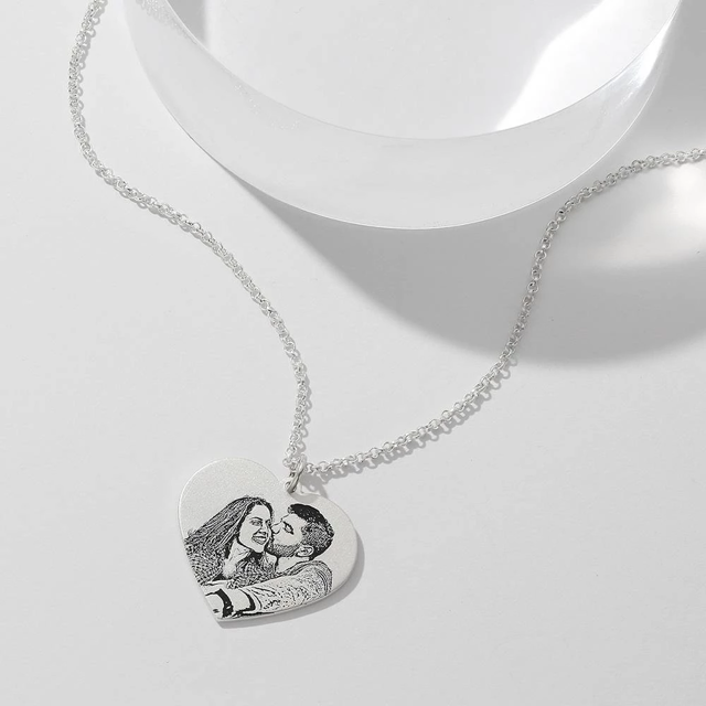 Picture of Personalized Women's Heart Photo Engraved Tag Necklace in 925 Sterling Silver