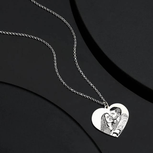 Picture of Personalized Women's Heart Photo Engraved Tag Necklace in 925 Sterling Silver