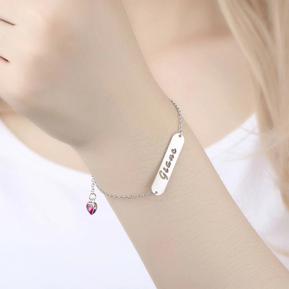 Picture of 925 Sterling Silver Hollow Carved Bar Name Bracelet with Heart-shaped Birthstone