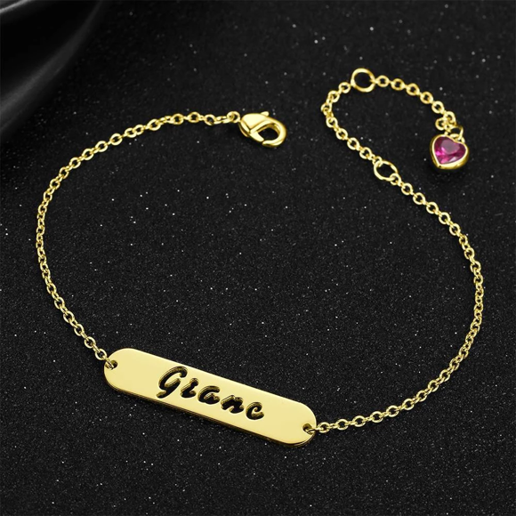 Picture of 925 Sterling Silver Hollow Carved Bar Name Bracelet with Heart-shaped Birthstone