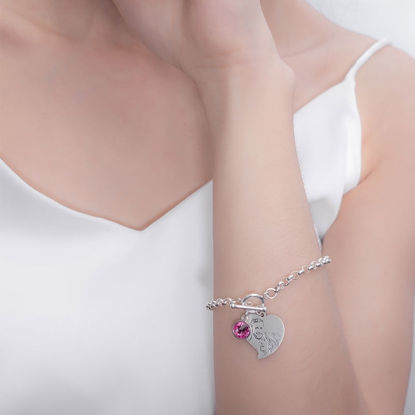 Afbeeldingen van Gegraveerde hartfoto hanger armband in 925 sterling zilver - aan te passen met elke foto of geboortesteen | Aangepaste hanger armband 925 sterling zilver