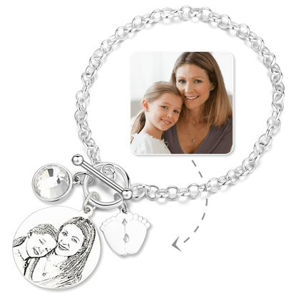 Afbeeldingen van Women's Photo Engraved Tag Bracelet With Engraving Silver -  Customize With Any Photo or Birthstone | Custom Pendant Bracelet 925 Sterling Silver