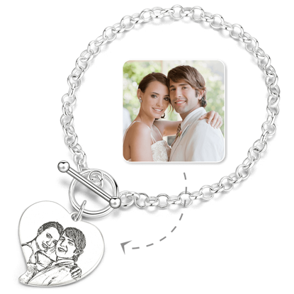 Afbeeldingen van Women's Heart Photo Engraved Tag Bracelet With Engraving Silver -  Customize With Any Photo or Birthstone | Custom Pendant Bracelet 925 Sterling Silver