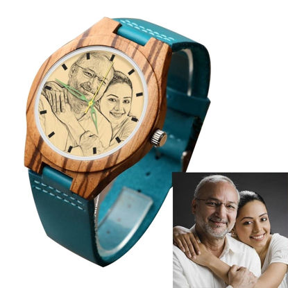 Afbeeldingen van Engraved Wooden Stripe Photo Watch Blue Leather Strap - Zebra Wood -  Customize With Any Photo