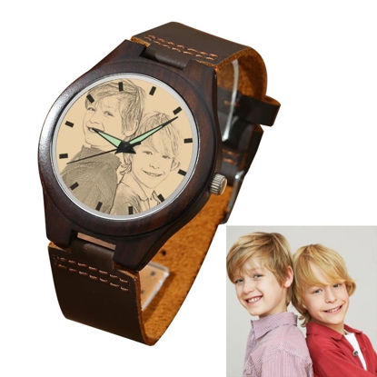 Afbeeldingen van Men's Engraved Wooden Photo Watch Brown Leather Strap -  Customize With Any Photo