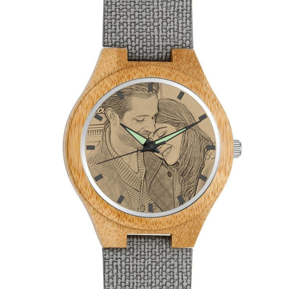Picture of Women's Engraved Bamboo Photo Watch Grey Leather Strap
