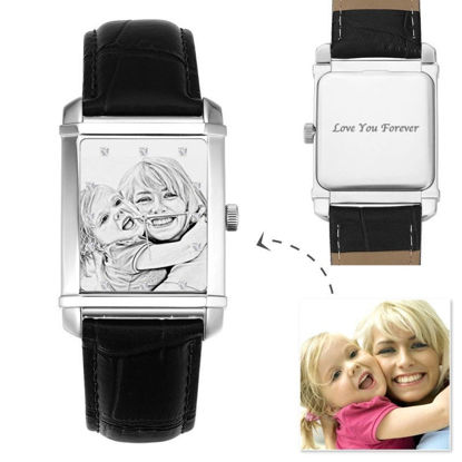 Afbeeldingen van Men's Engraved Photo Watch Black Leather Strap - Customize With Any Photo