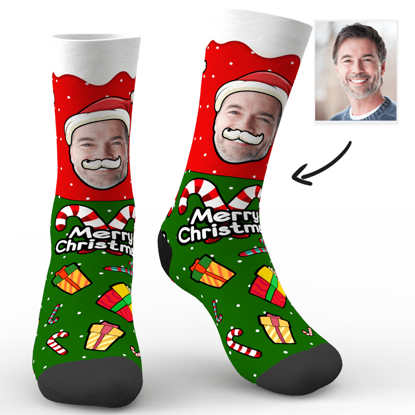 Image de Chaussettes de Noël Chaussettes Père Noël Chaussettes Cadeaux de Noël Drôles - Chaussettes Personnalisées Visage Photo Drôle pour Hommes et Femmes Couleur Verte - Meilleur Cadeau de Noël pour la Famille