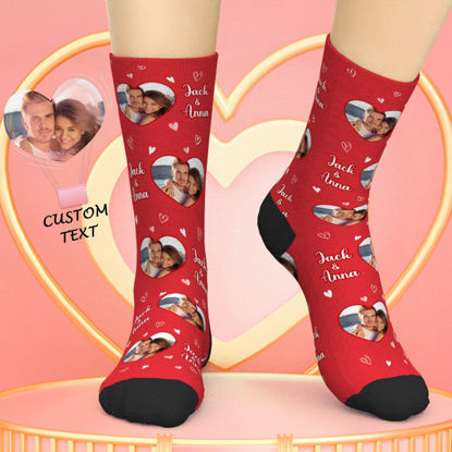 Image de Chaussettes personnalisées avec noms de photo Chaussettes personnalisées pour cadeaux de la Saint-Valentin pour couples - Chaussettes personnalisées avec photo amusante pour hommes et femmes - Meilleur cadeau pour la famille