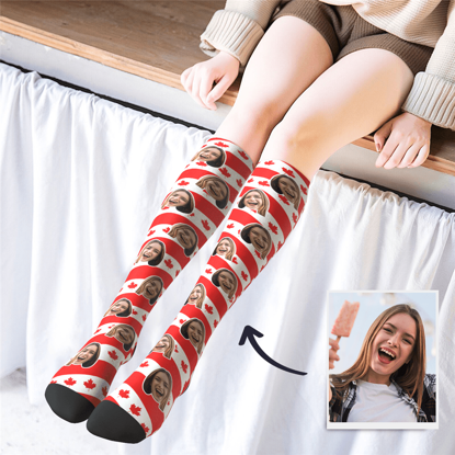 Afbeeldingen van Personalized Knee High Printed Socks with Canada Flag - Personalized Funny Photo Face Socks for Women - Best Gift for Her