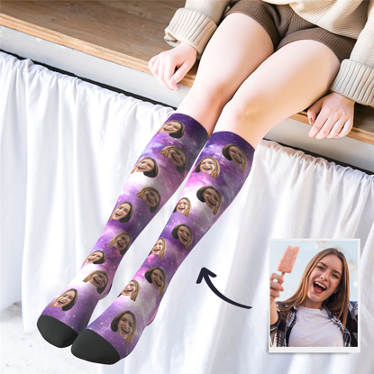 Afbeeldingen van Personalized Knee High Printed Socks with Galaxy - Personalized Funny Photo Face Socks for Women - Best Gift for Her