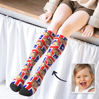 Afbeeldingen van Personalized Knee High Printed Socks with AU Flag - Personalized Funny Photo Face Socks for Women - Best Gift for Her