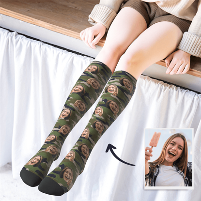 Afbeeldingen van Personalized Knee High Printed Socks with Camo - Personalized Funny Photo Face Socks for Women - Best Gift for Her