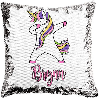 Image de Oreiller personnalisé à paillettes avec photo magique de licorne | Oreiller de nom personnalisé | Meilleure idée cadeau pour un anniversaire, Thanksgiving, Noël, etc.