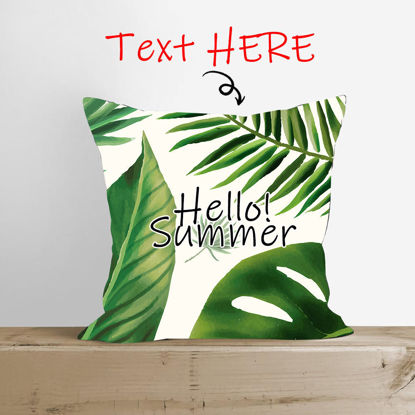 Image de Oreiller de maison personnalisé Oreiller d'été Ajouter du texte | Feuilles vertes | Meilleure idée cadeau pour un anniversaire, Thanksgiving, Noël, etc.