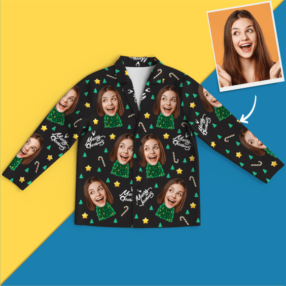 Image de Chemise de pyjama photo personnalisée pour femmes ou hommes - Pyjama unisexe de copie de visage de photo de Noël personnalisé - Meilleur cadeau pour la famille et les amis