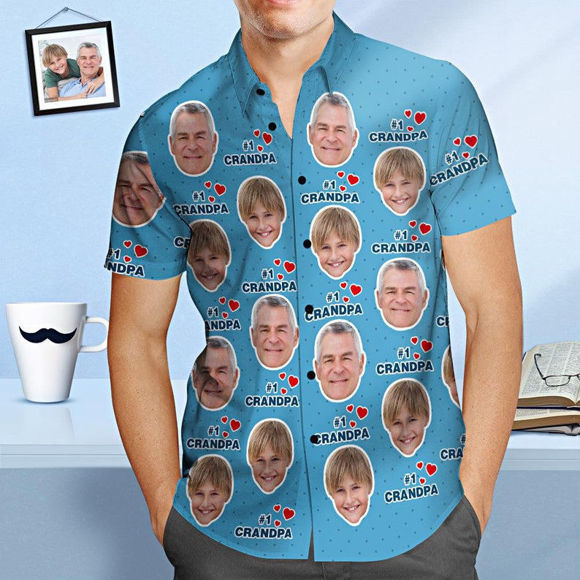 Image de Chemise hawaïenne personnalisée avec photo de visage - Chemise personnalisée pour hommes sur toute la chemise hawaïenne - Grand-père n ° 1 - T-shirts Beach Party comme cadeaux de vacances