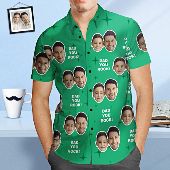 Image de Chemise hawaïenne personnalisée avec photo de visage - Chemise personnalisée pour hommes avec impression intégrale - Papa vous rock - T-shirts de fête sur la plage comme cadeaux de vacances