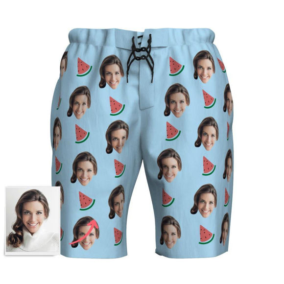 Image de Pantalon de plage pour homme avec photo personnalisée - Visage personnalisé avec pastèque, maillot de bain à séchage rapide multi-faces, pour cadeau de fête des pères ou petit ami, etc.