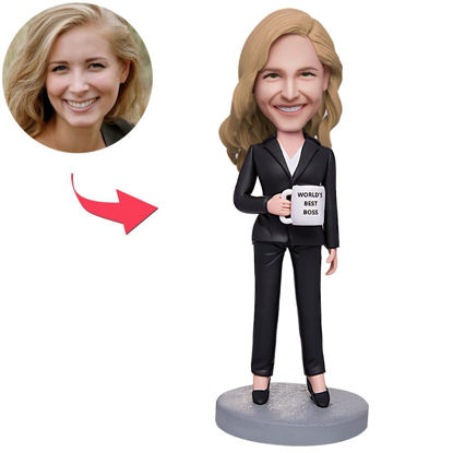 Image de Bobbleheads personnalisés: femme d'affaires tenant un verre d'eau | Bobbleheads personnalisés pour la personne spéciale comme une idée cadeau unique ｜ Meilleure idée cadeau pour l'anniversaire, Thanksgiving, Noël, etc.