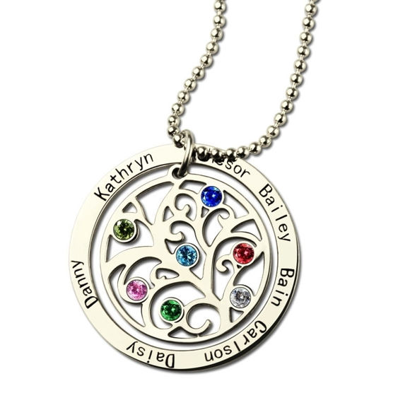 Picture of Personalized Circle Family Tree Birthstone 7 Names Necklace - Customize With Any Name or Birthstone | Custom Family Members Necklace 925 Sterling Silver