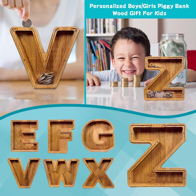 Picture of Personalized Wooden Piggy Bank for Kids Boys Girls - Large Piggy Banks 26 English Alphabet Letter-D - Transparent Money Saving Box