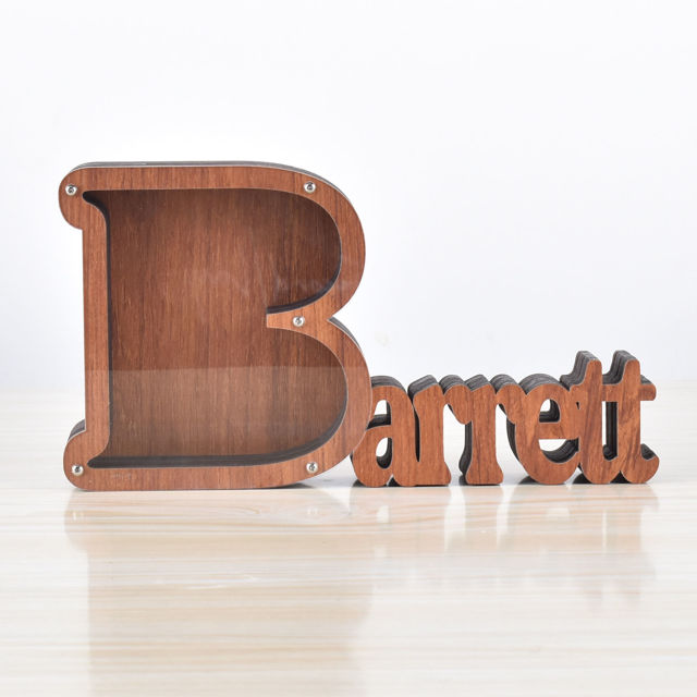 Picture of Personalized Wooden Name Piggy-Bank for Kids Boys Girls - Large Piggy Banks 26 English Alphabet Letter-B - Transparent Money Saving Box