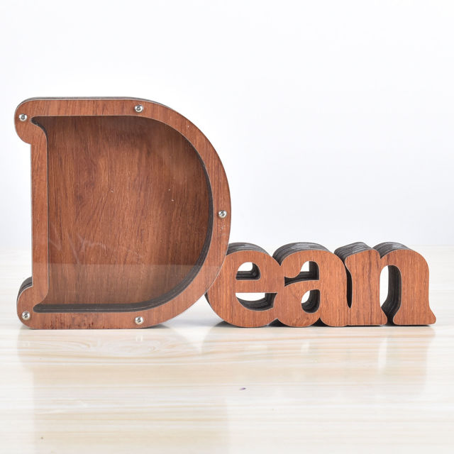 Picture of Personalized Wooden Name Piggy-Bank for Kids Boys Girls - Large Piggy Banks 26 English Alphabet Letter-D - Transparent Money Saving Box