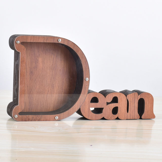 Picture of Personalized Wooden Name Piggy-Bank for Kids Boys Girls - Large Piggy Banks 26 English Alphabet Letter-D - Transparent Money Saving Box