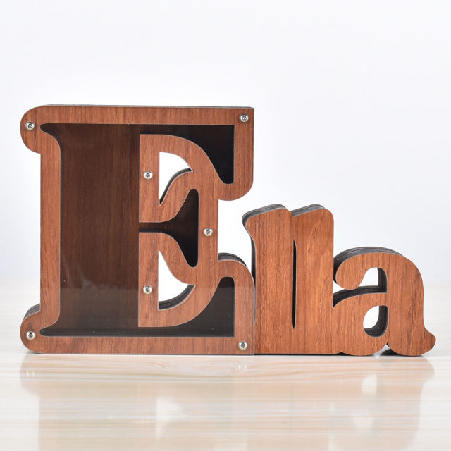 Picture of Personalized Wooden Name Piggy-Bank for Kids Boys Girls - Large Piggy Banks 26 English Alphabet Letter-E - Transparent Money Saving Box