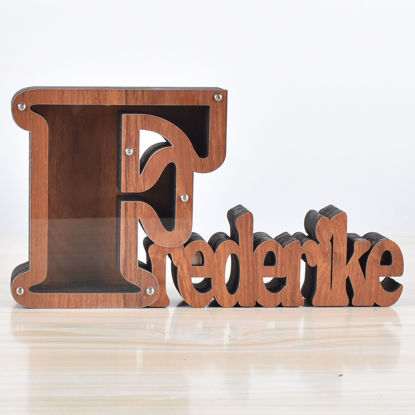 Imagen de Hucha de madera personalizada con nombre para niños y niñas, huchas grandes, 26 letras del alfabeto inglés-F, caja de ahorro de dinero transparente