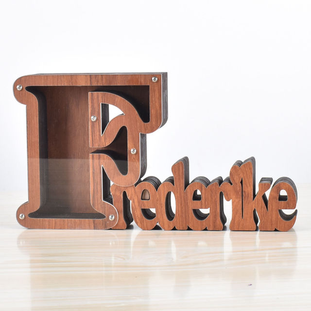Picture of Personalized Wooden Name Piggy-Bank for Kids Boys Girls - Large Piggy Banks 26 English Alphabet Letter-F - Transparent Money Saving Box