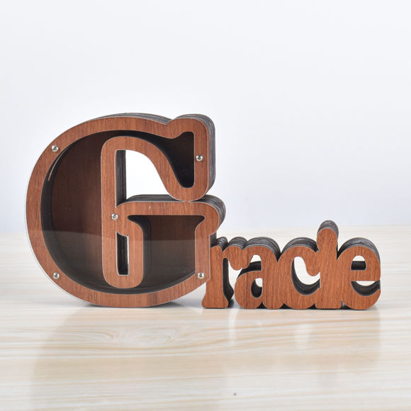 Imagen de Hucha de madera personalizada con nombre para niños y niñas, huchas grandes, 26 letras del alfabeto inglés-G, caja de ahorro de dinero transparente