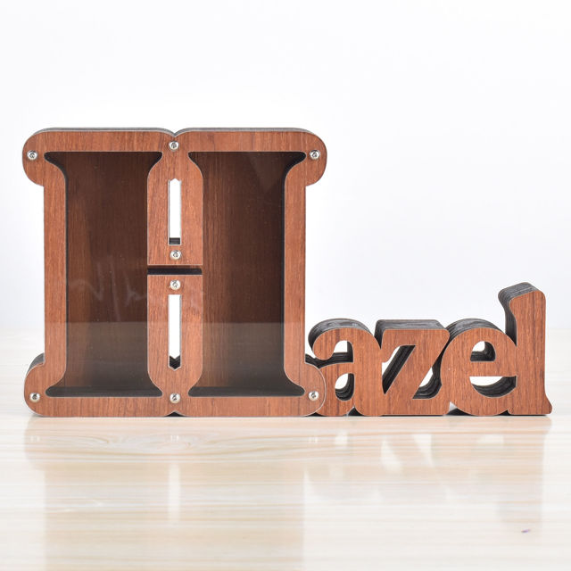 Picture of Personalized Wooden Name Piggy-Bank for Kids Boys Girls - Large Piggy Banks 26 English Alphabet Letter-H - Transparent Money Saving Box