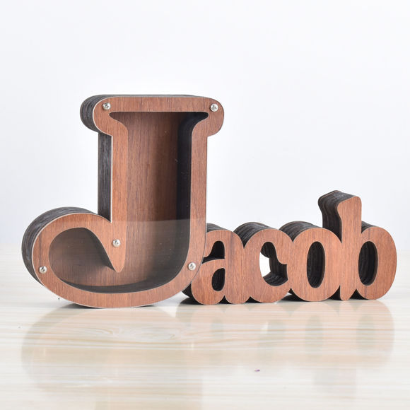 Imagen de Hucha de madera personalizada con nombre para niños y niñas, huchas grandes, 26 letras del alfabeto inglés-J, caja de ahorro de dinero transparente