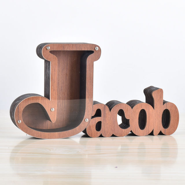 Picture of Personalized Wooden Name Piggy-Bank for Kids Boys Girls - Large Piggy Banks 26 English Alphabet Letter-J - Transparent Money Saving Box