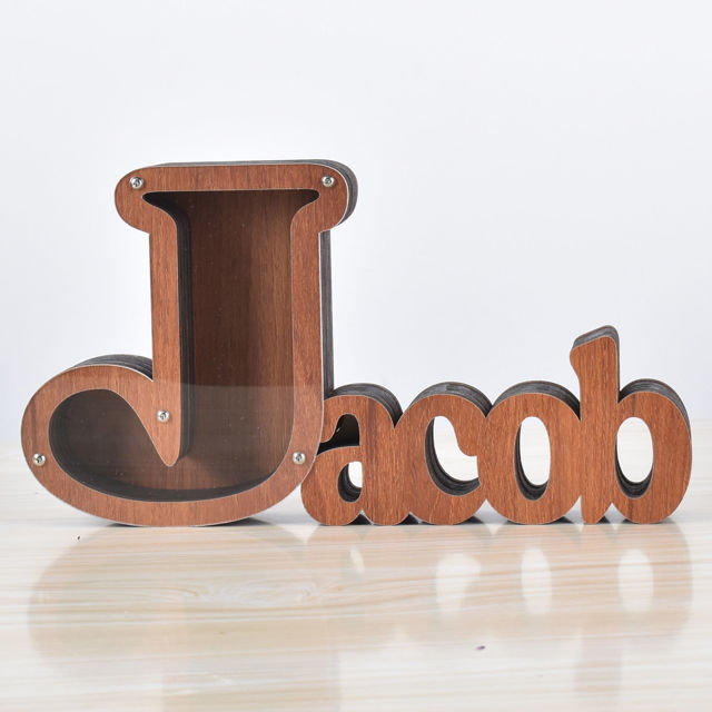 Picture of Personalized Wooden Name Piggy-Bank for Kids Boys Girls - Large Piggy Banks 26 English Alphabet Letter-J - Transparent Money Saving Box