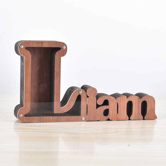 Picture of Personalized Wooden Name Piggy-Bank for Kids Boys Girls - Large Piggy Banks 26 English Alphabet Letter-L - Transparent Money Saving Box