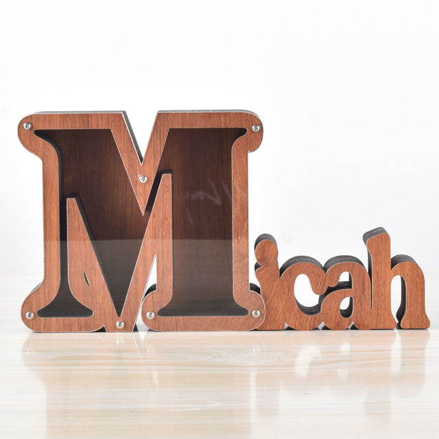 Picture of Personalized Wooden Name Piggy-Bank for Kids Boys Girls - Large Piggy Banks 26 English Alphabet Letter-M - Transparent Money Saving Box