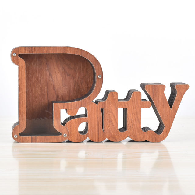 Picture of Personalized Wooden Name Piggy-Bank for Kids Boys Girls - Large Piggy Banks 26 English Alphabet Letter-P - Transparent Money Saving Box